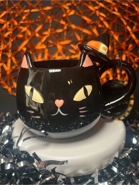 Halloween Black Cat Shaped Ceramic Mug with Witch Hat Handle Kitty Kitten